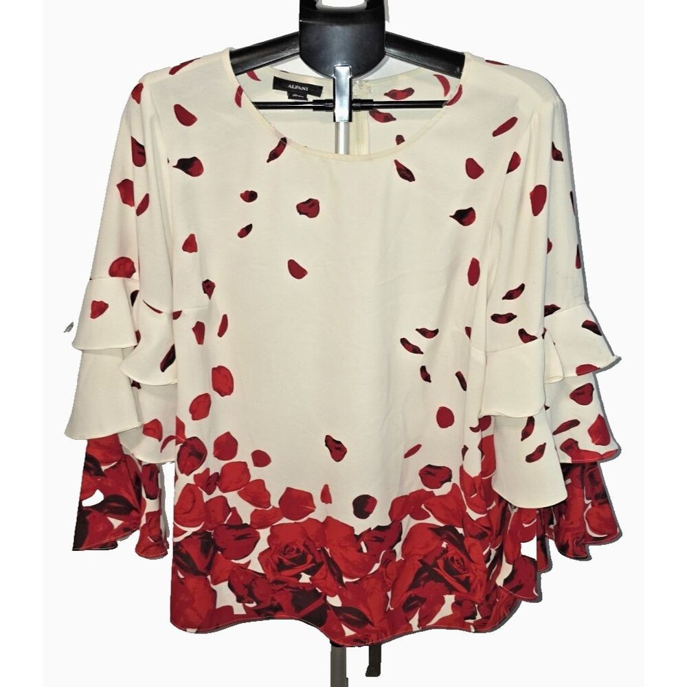 Alfani White Red Floral Design Back ZIpper Blouse Shirt SIze XL Layer Sleeve